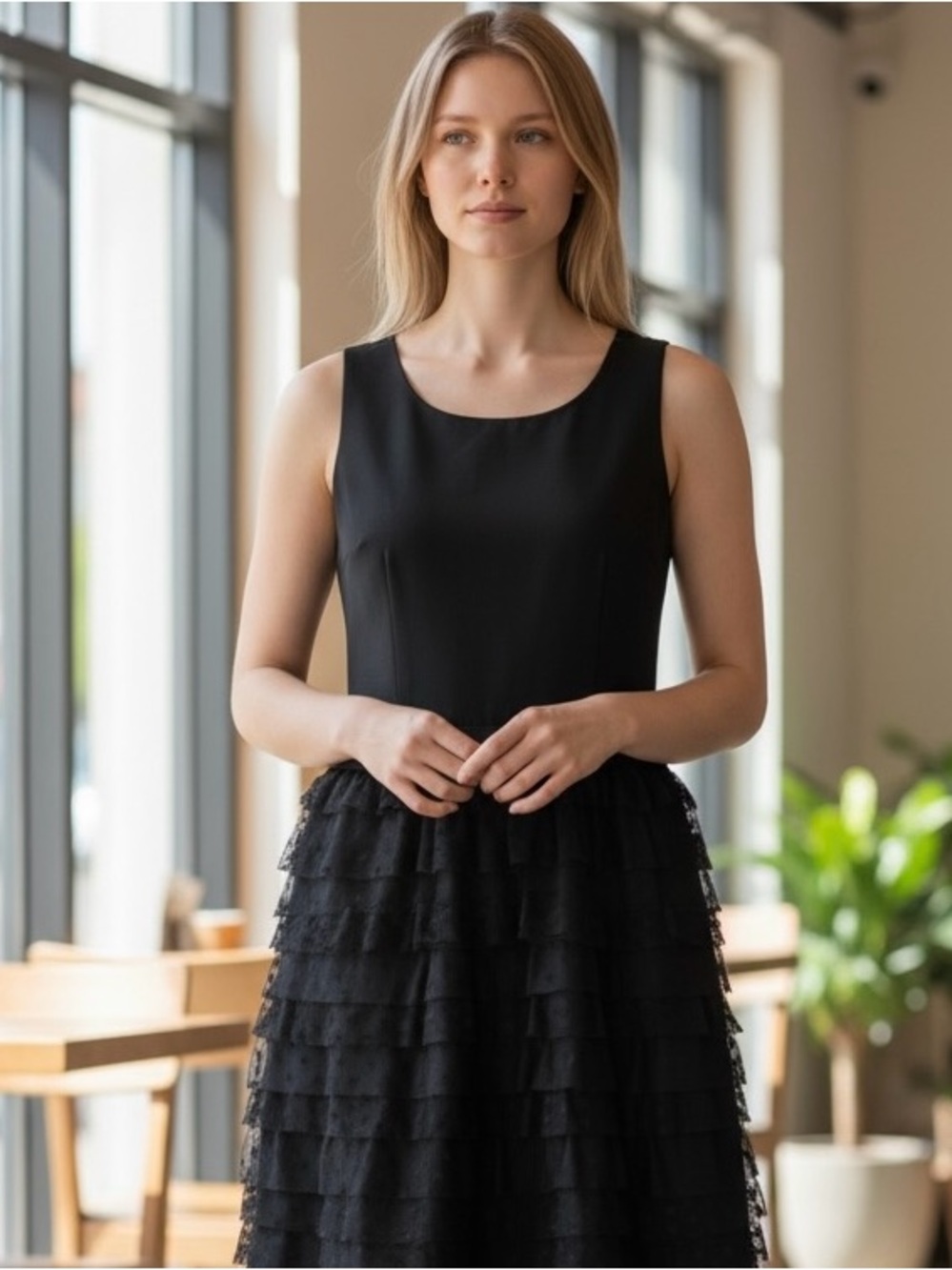 LOFT Black Sleeveless Ruffle Tulle Party Dress